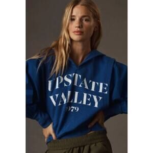 Pilcro Anthropologie Fabric Mix Hoodie Blue Pullover Sweatshirt Varsity Size XL